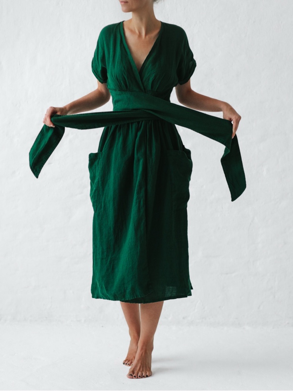 Seaside Tones Linen Kimono Dress Green - Picture 2 of 11